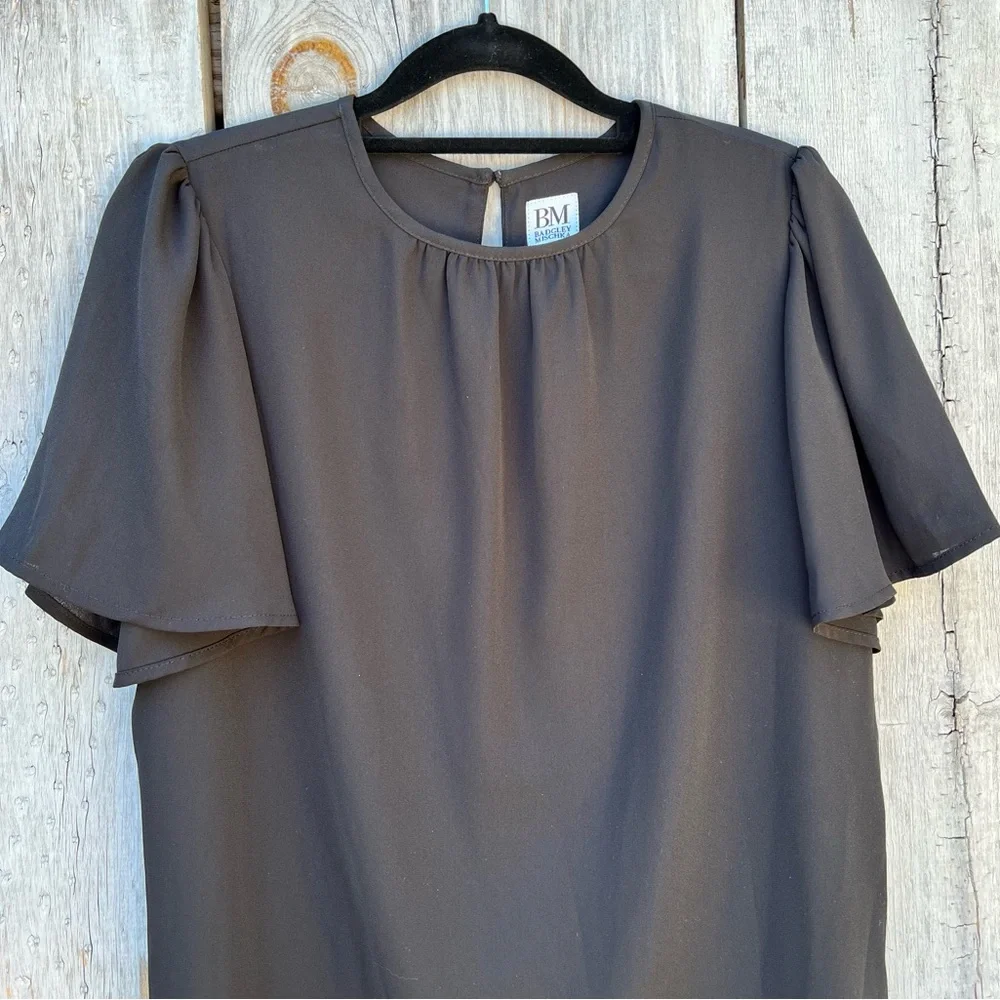 Badgley Mischka black ruffle short sleeve bowtie sash layered lined flowy blouse - Picture 13 of 15